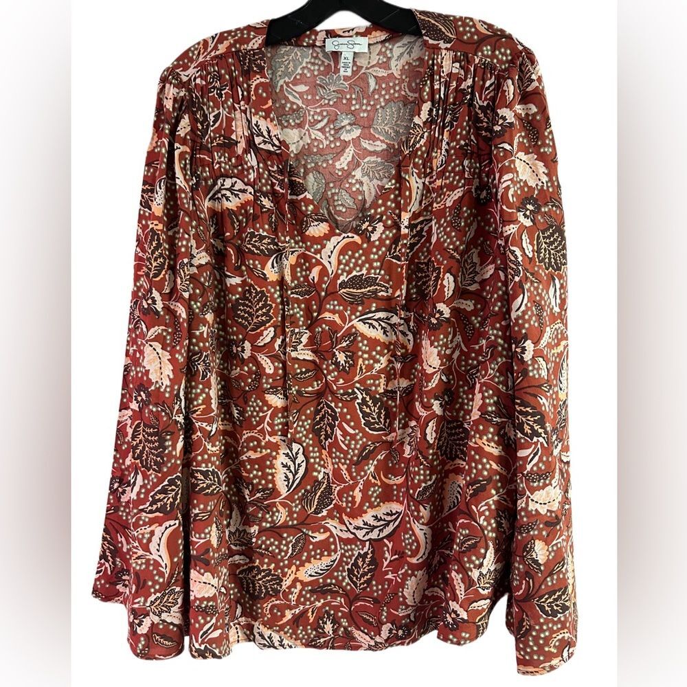 Jessica Simpson Rust Floral Bell Sleeve Linen Blend Top Size XL